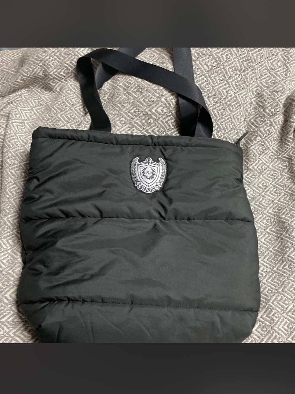 Victorias Secret Pink Black Puffer Tote with Crest Patch